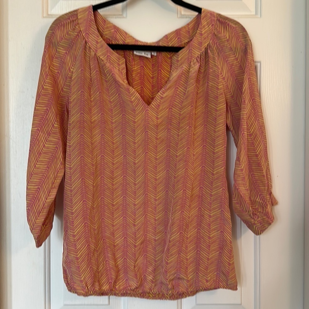 Ellie Kai 100% silk pink yellow chevron v neck 3/5 sleeve blouse top small